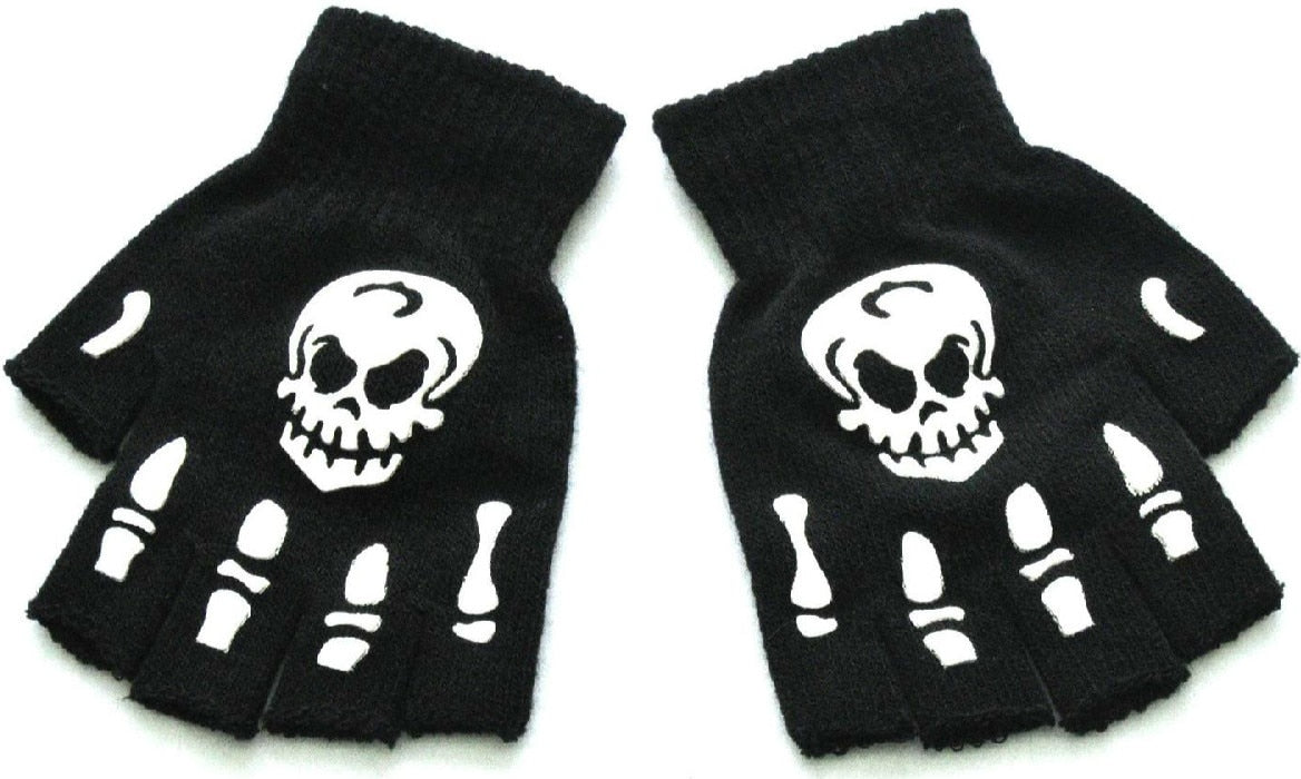 Warm Knitting Gloves for Adult Solid Acrylic Half Finger Glove Human Skeleton Head Gripper Print Cycling Non-slip Wrist Gloves