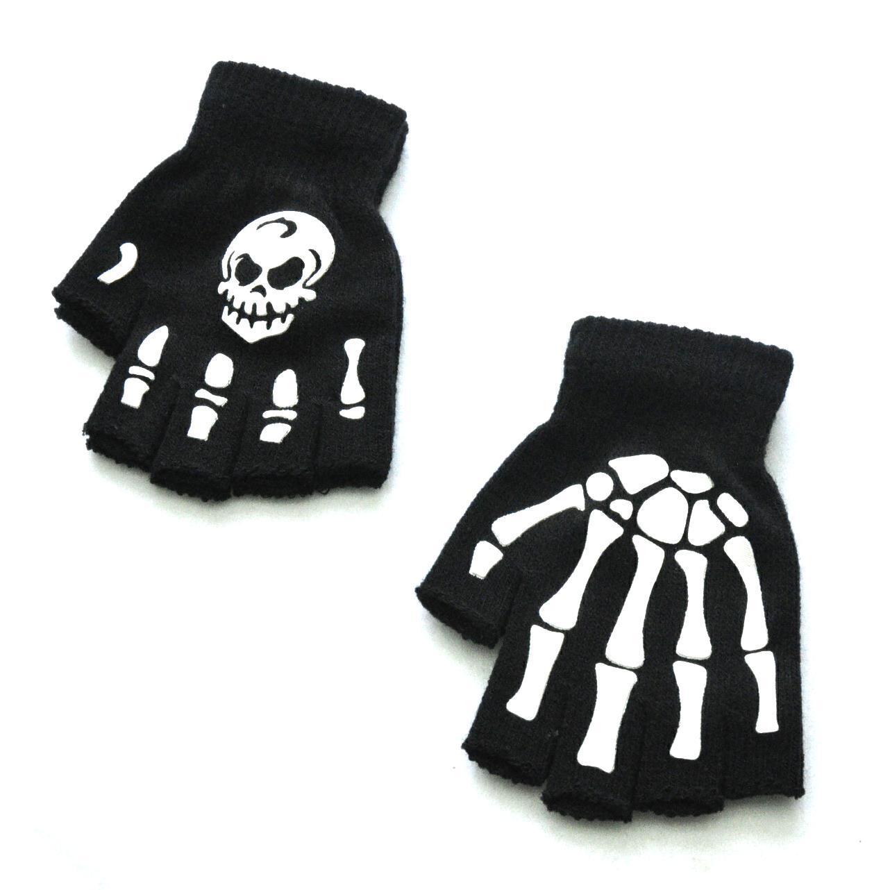 Warm Knitting Gloves for Adult Solid Acrylic Half Finger Glove Human Skeleton Head Gripper Print Cycling Non-slip Wrist Gloves