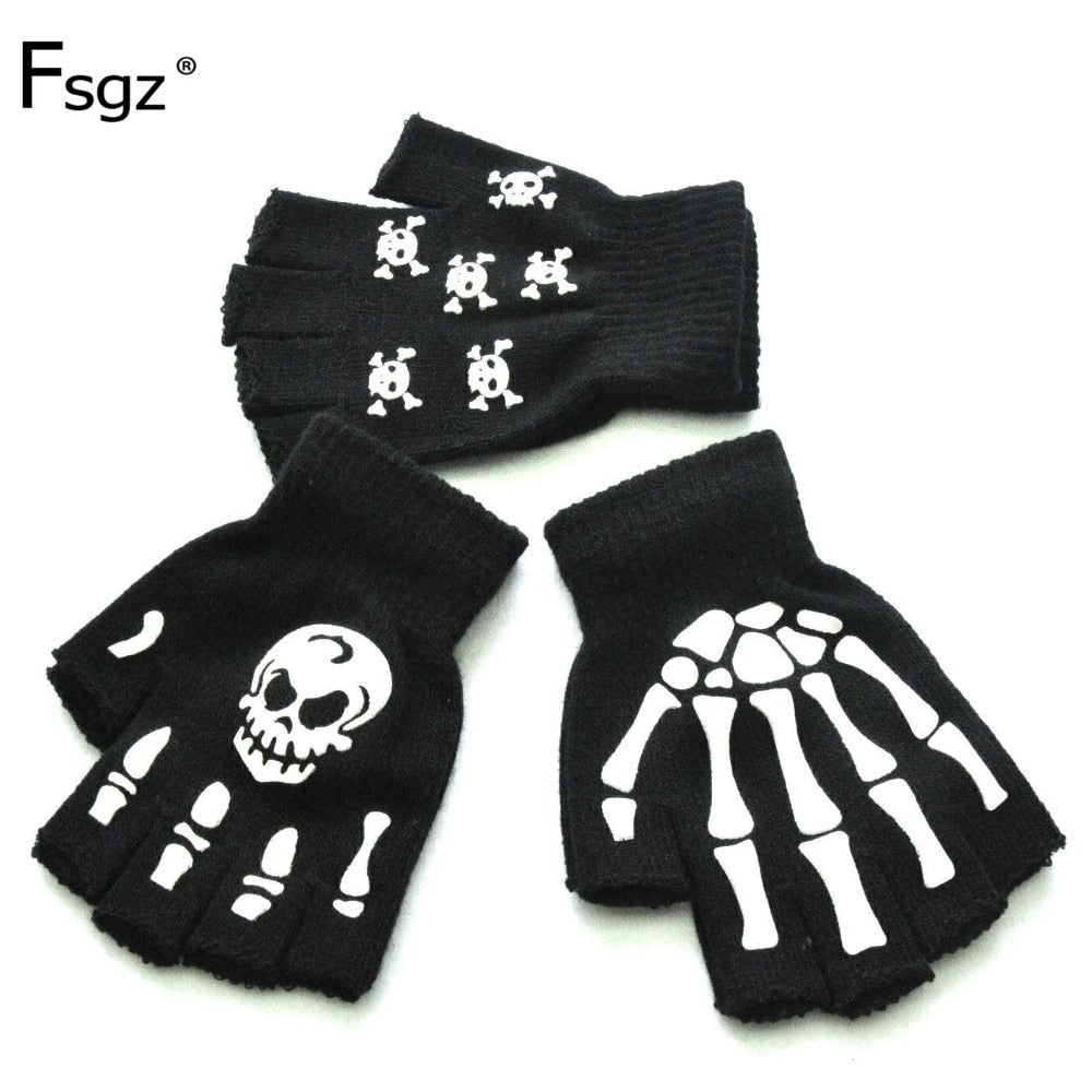 Warm Knitting Gloves for Adult Solid Acrylic Half Finger Glove Human Skeleton Head Gripper Print Cycling Non-slip Wrist Gloves