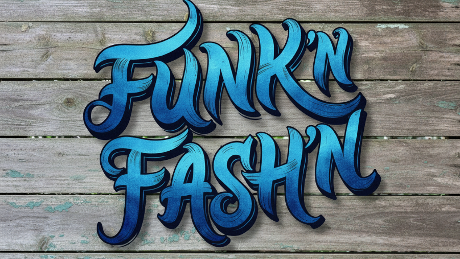 3D metal wall art featuring the phrase 'Funk'n Fashin'' in stylized blue and teal bubble lettering, mounted on a rustic, weathered wood plank background.